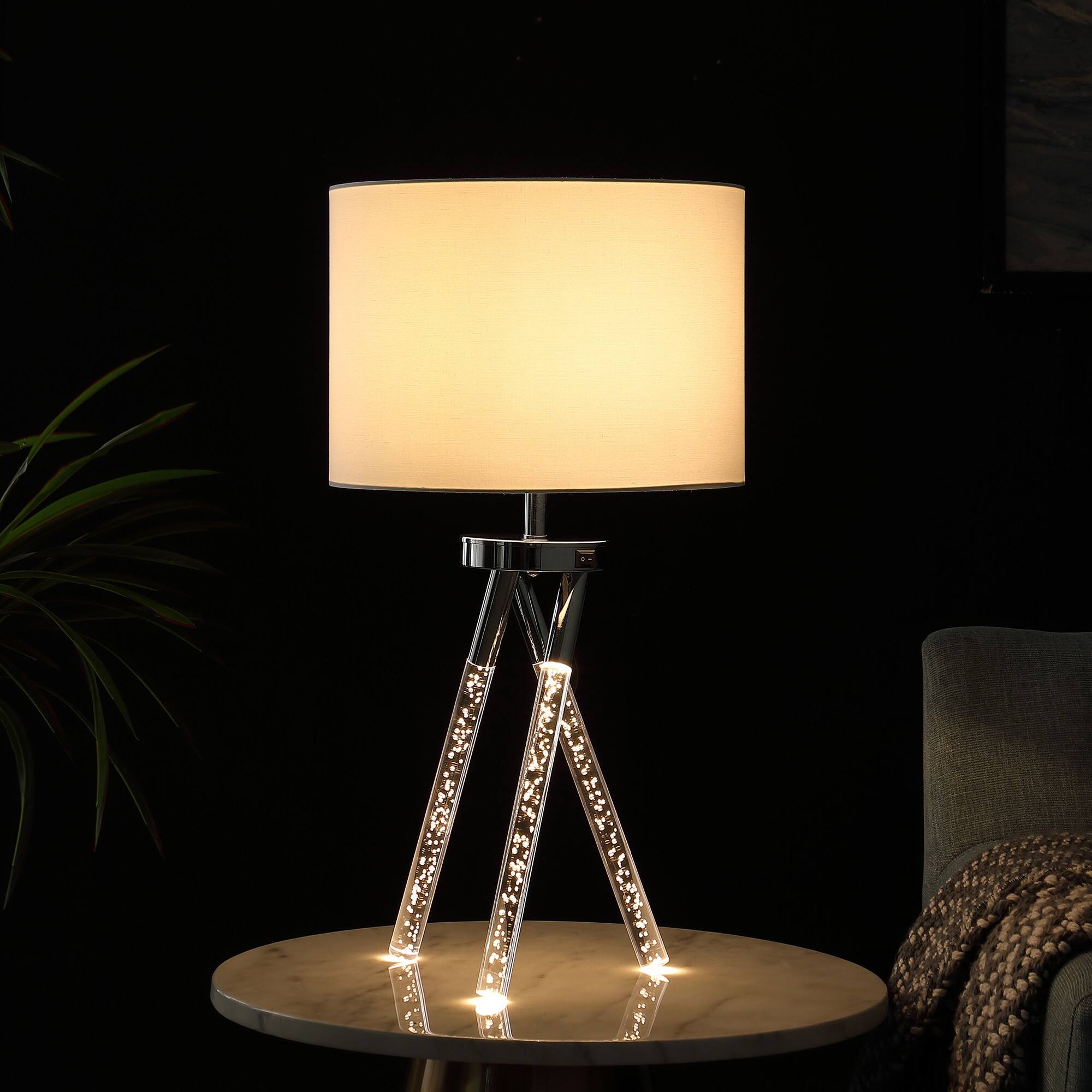 26" Silver and LED Acrylic Tripod Table Lamp With White Shade Bed